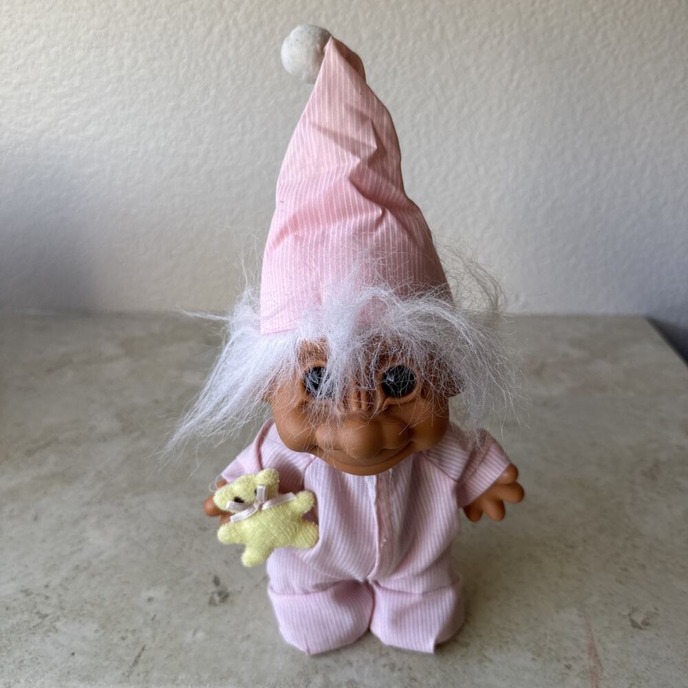 Russ Bedtime Troll Doll Pink With Teddy Bear 11”